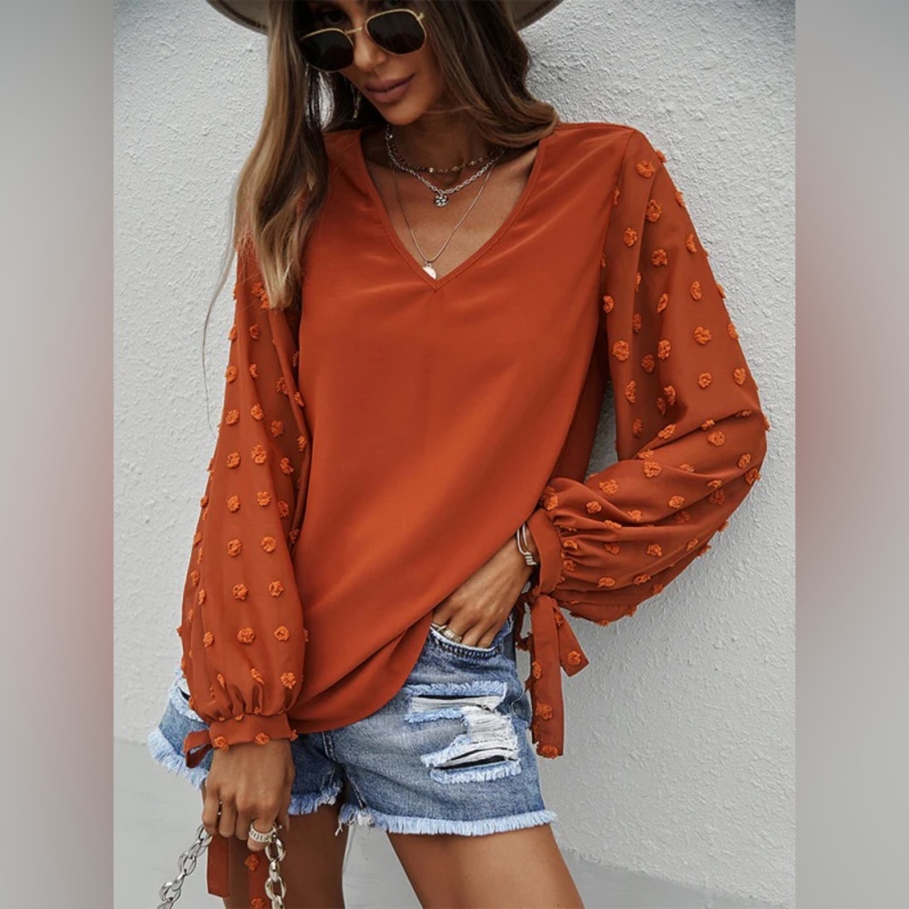 Pink Lily Rust Textured Pom-Sleeve V-Neck Blouse